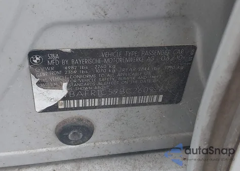 2011 BMW 528I из США, поврежденный, VIN WBAFR1C59BC260926